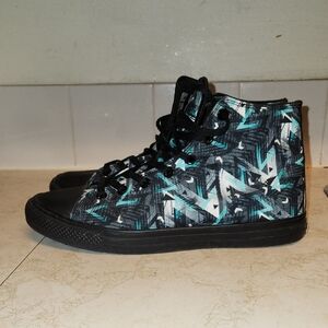 Raad Abstract Print Chuck Taylor Style High Top Shoes Blue, Grey, Black & White